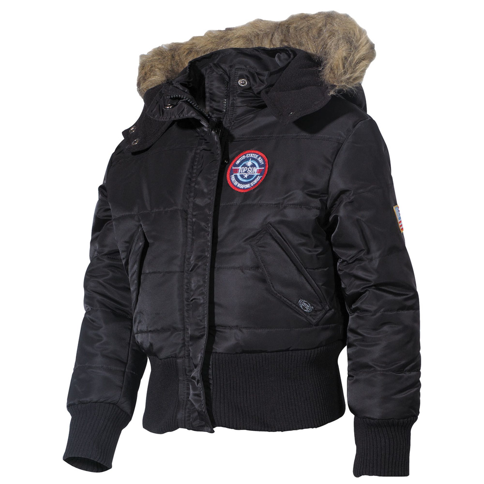 US Kinder-Polarjacke,  N2B, schwarz,  Kapuze mit Fellkragen