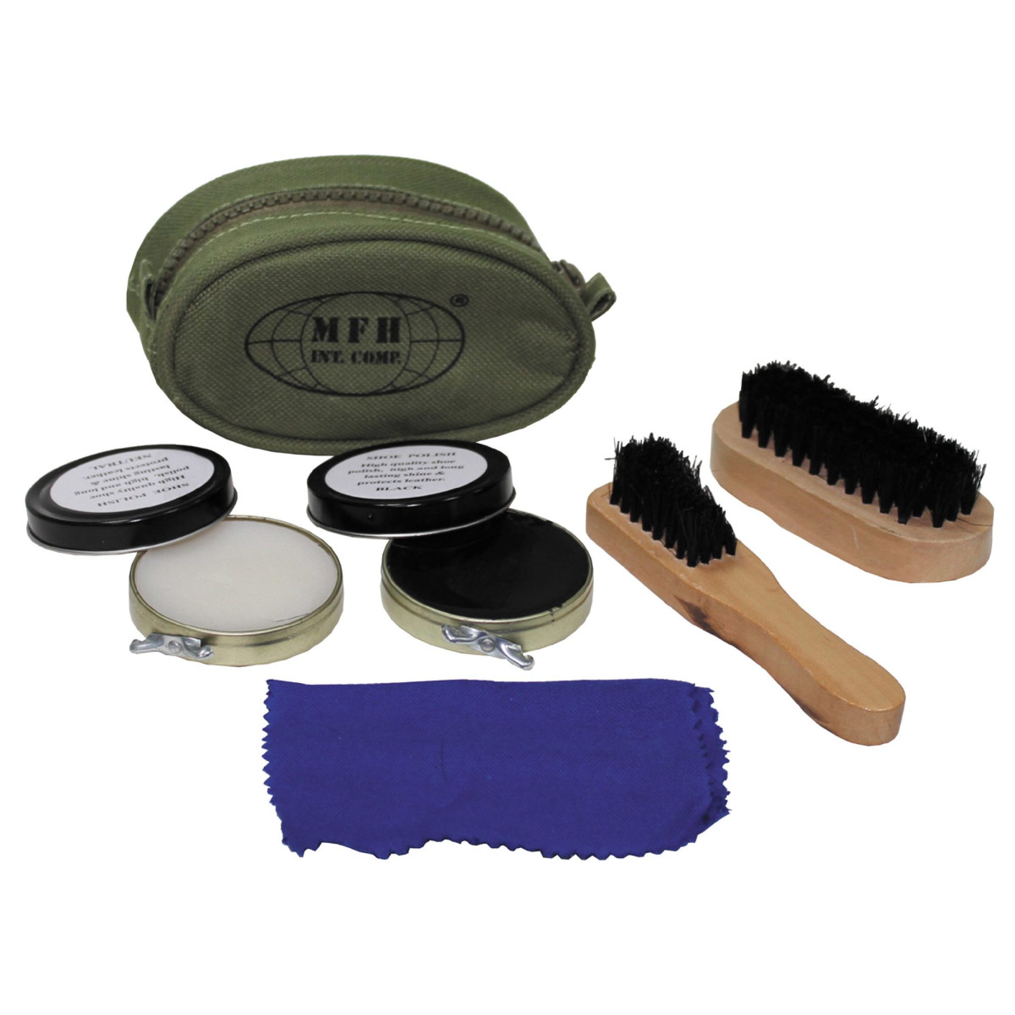Schuhputzset,  oliv, 2 Bürsten,  2 Schuhcremedosen