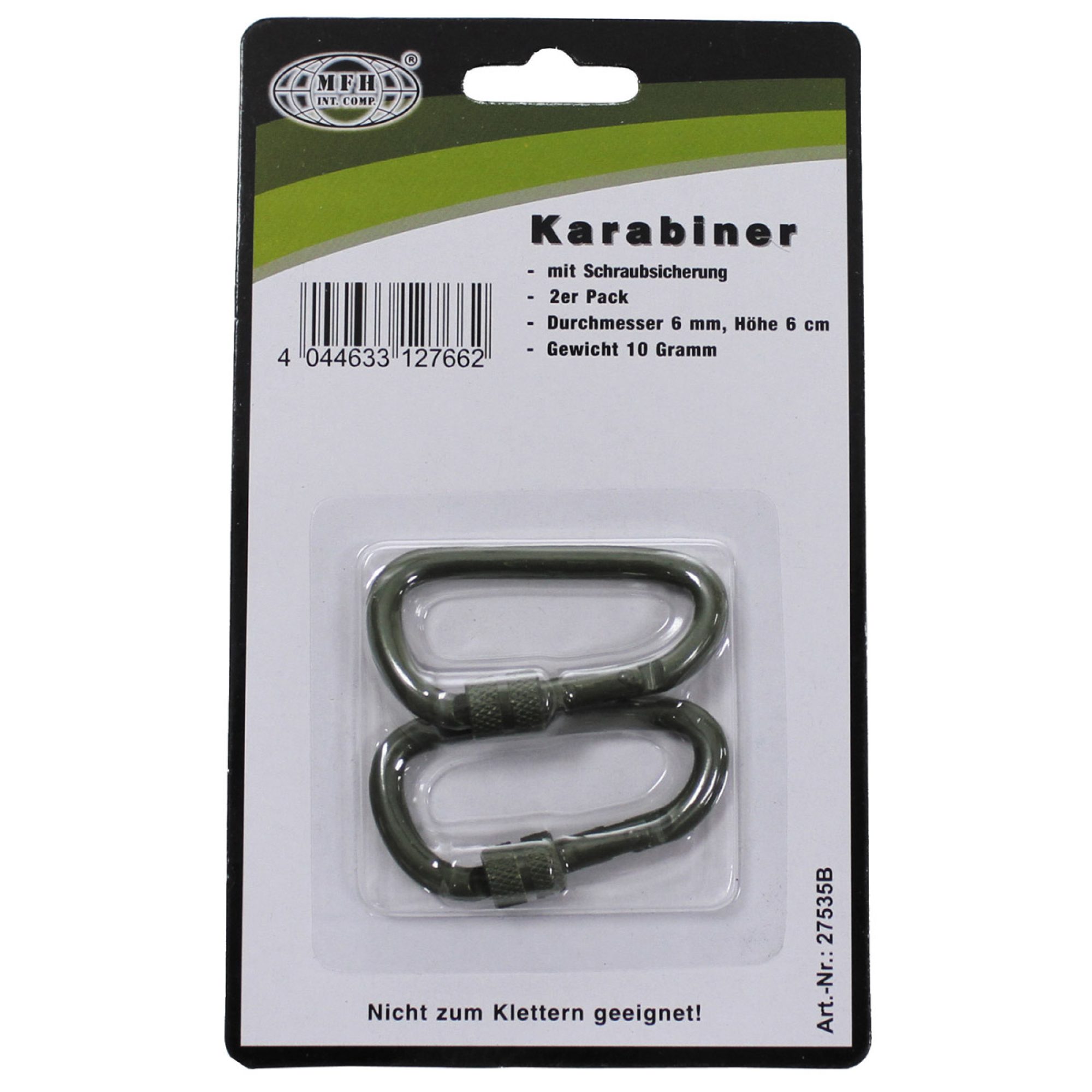 Karabiner,  Schraubverschluss, D 6 mm x 6 cm,  2er Pack,  oliv