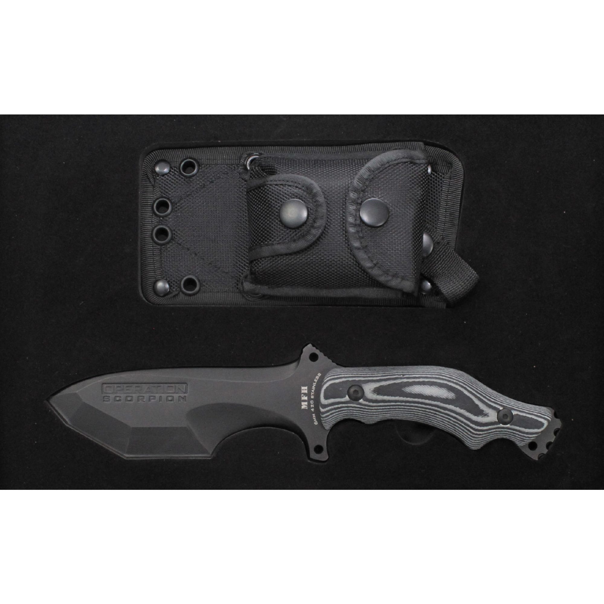 Messer,  "Operation Scorpion", schwarz, Micarta-Griff,  Scheide