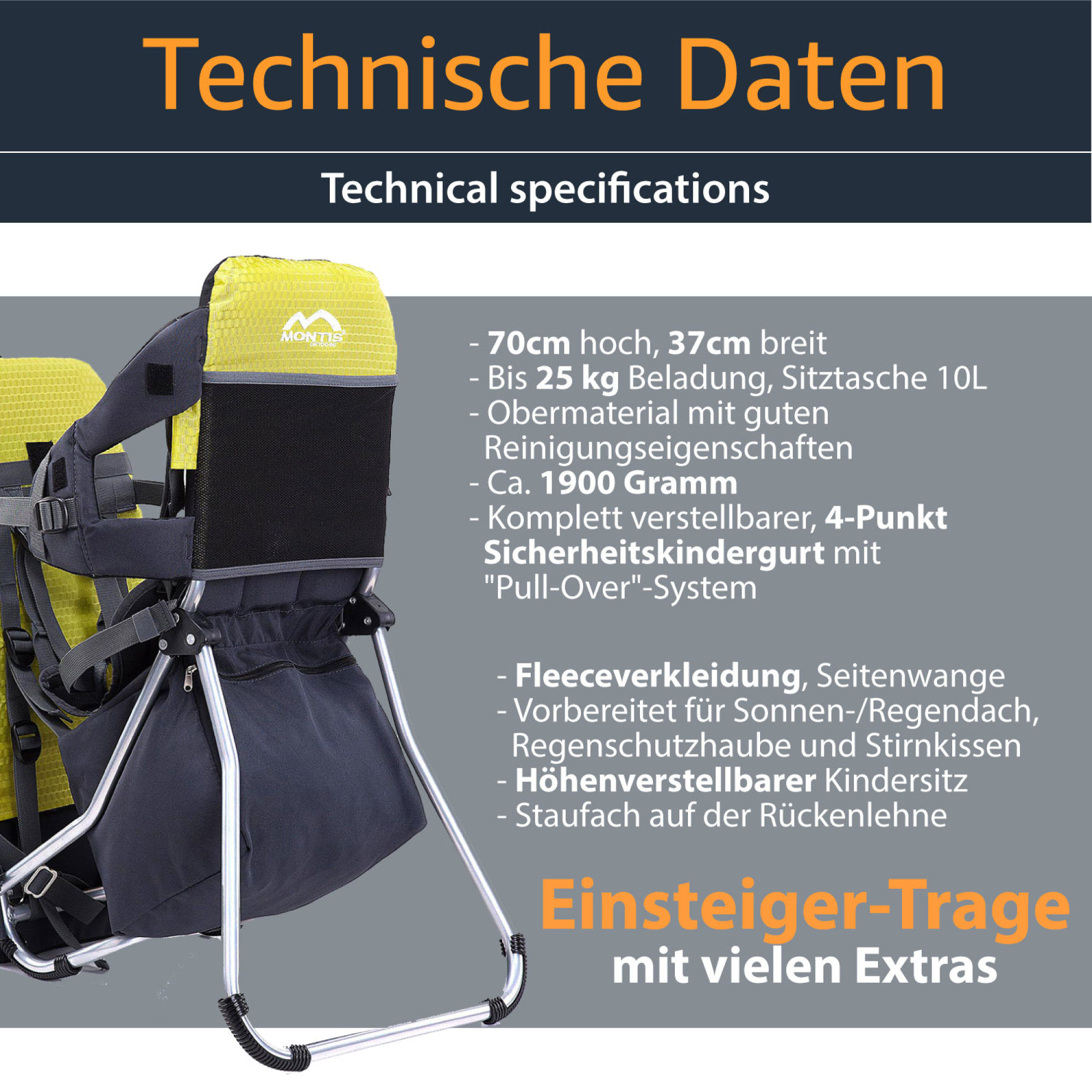 MONTIS RUNNER ONE Rückentrage, Kindertrage, bis 25kg, gelb – Bild 3