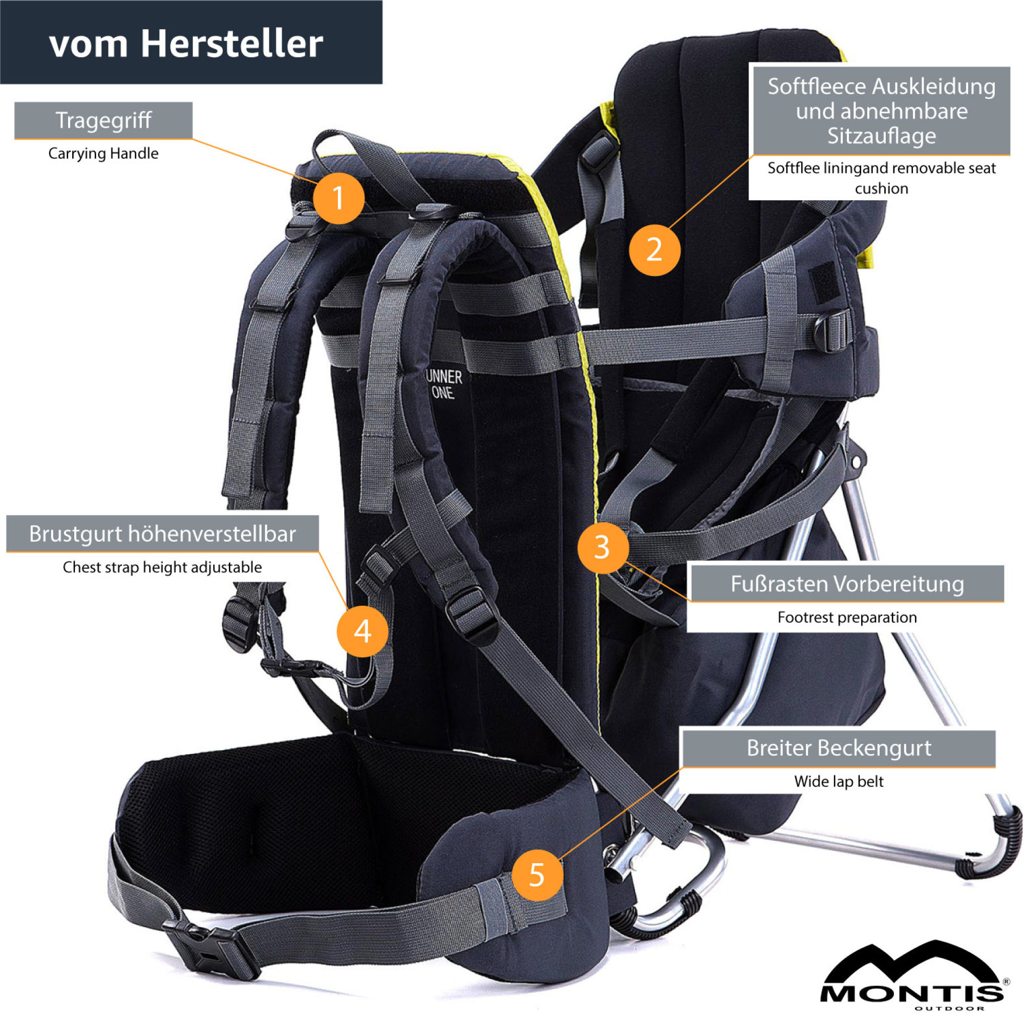 MONTIS RUNNER ONE Rückentrage, Kindertrage, bis 25kg, gelb – Bild 5