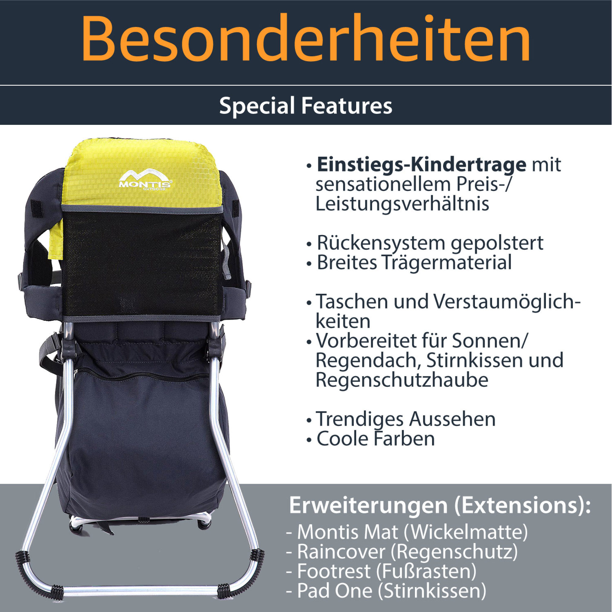 MONTIS RUNNER ONE Rückentrage, Kindertrage, bis 25kg, gelb – Bild 7