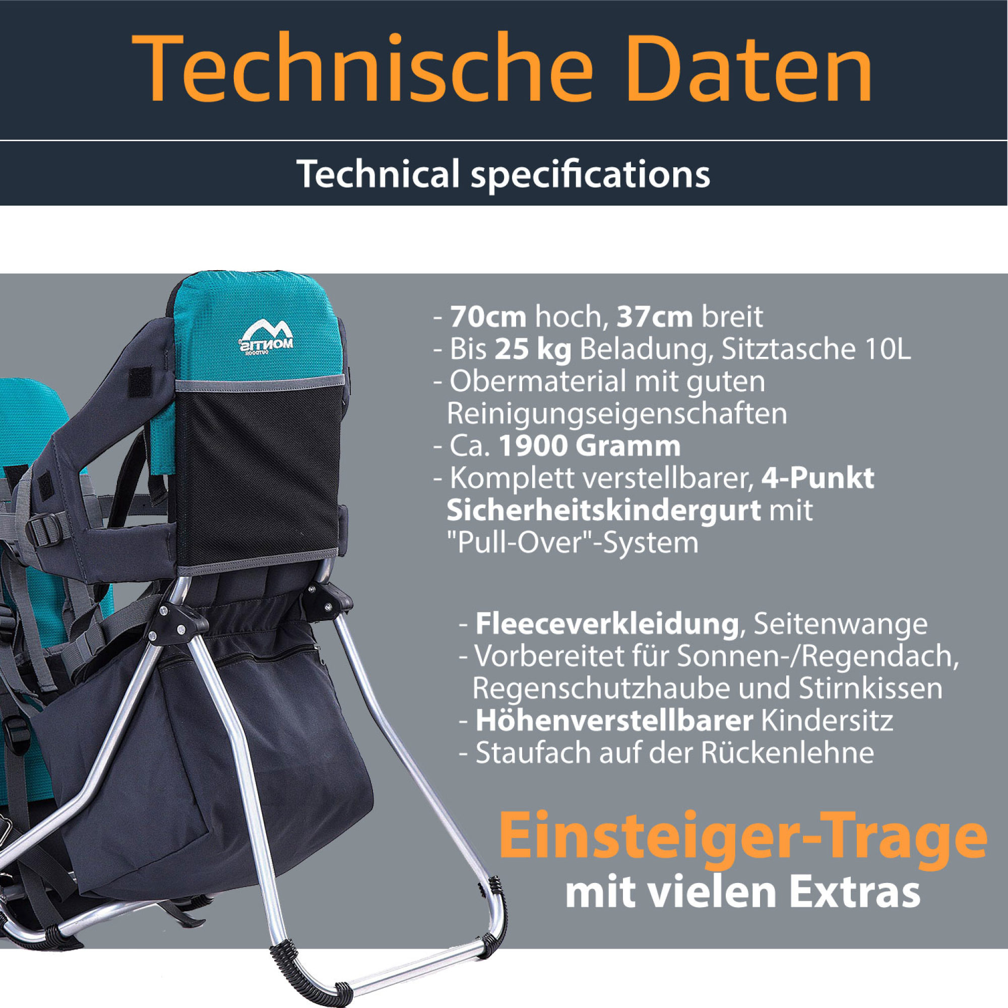 MONTIS RUNNER ONE Rückentrage, Kindertrage, bis 25kg, türkis