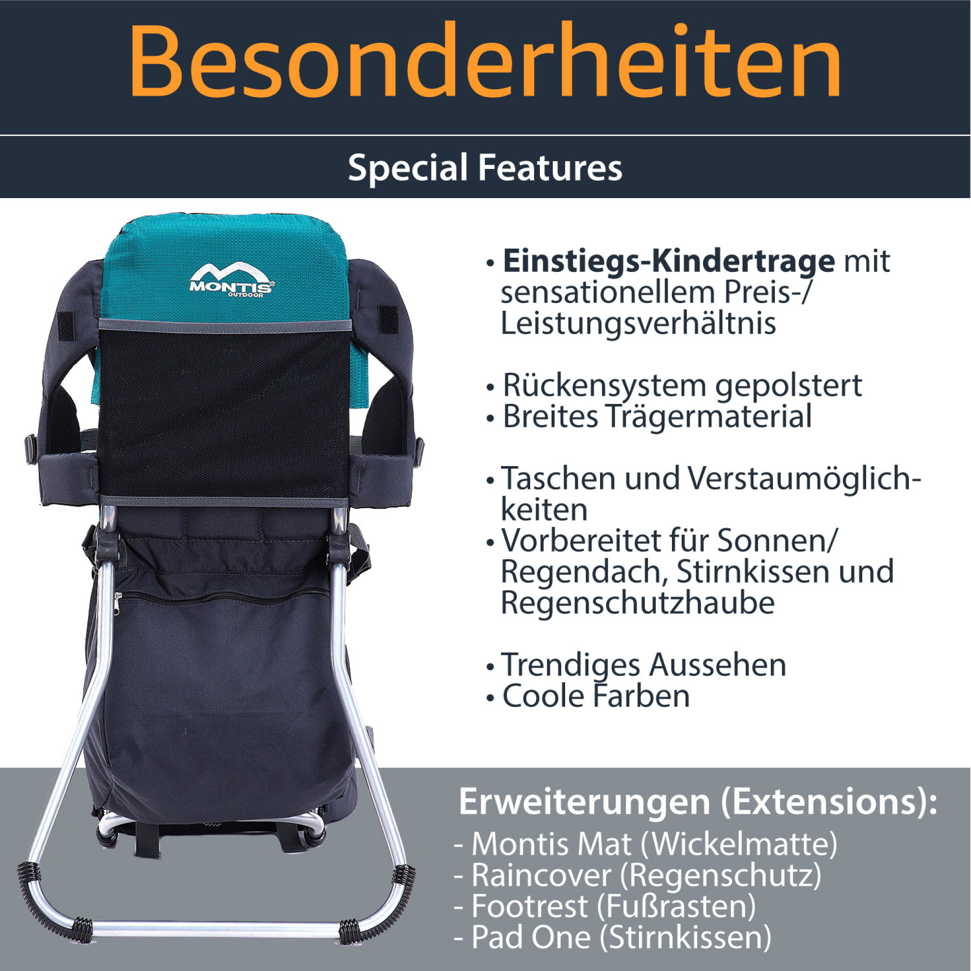 MONTIS RUNNER ONE Rückentrage, Kindertrage, bis 25kg, türkis