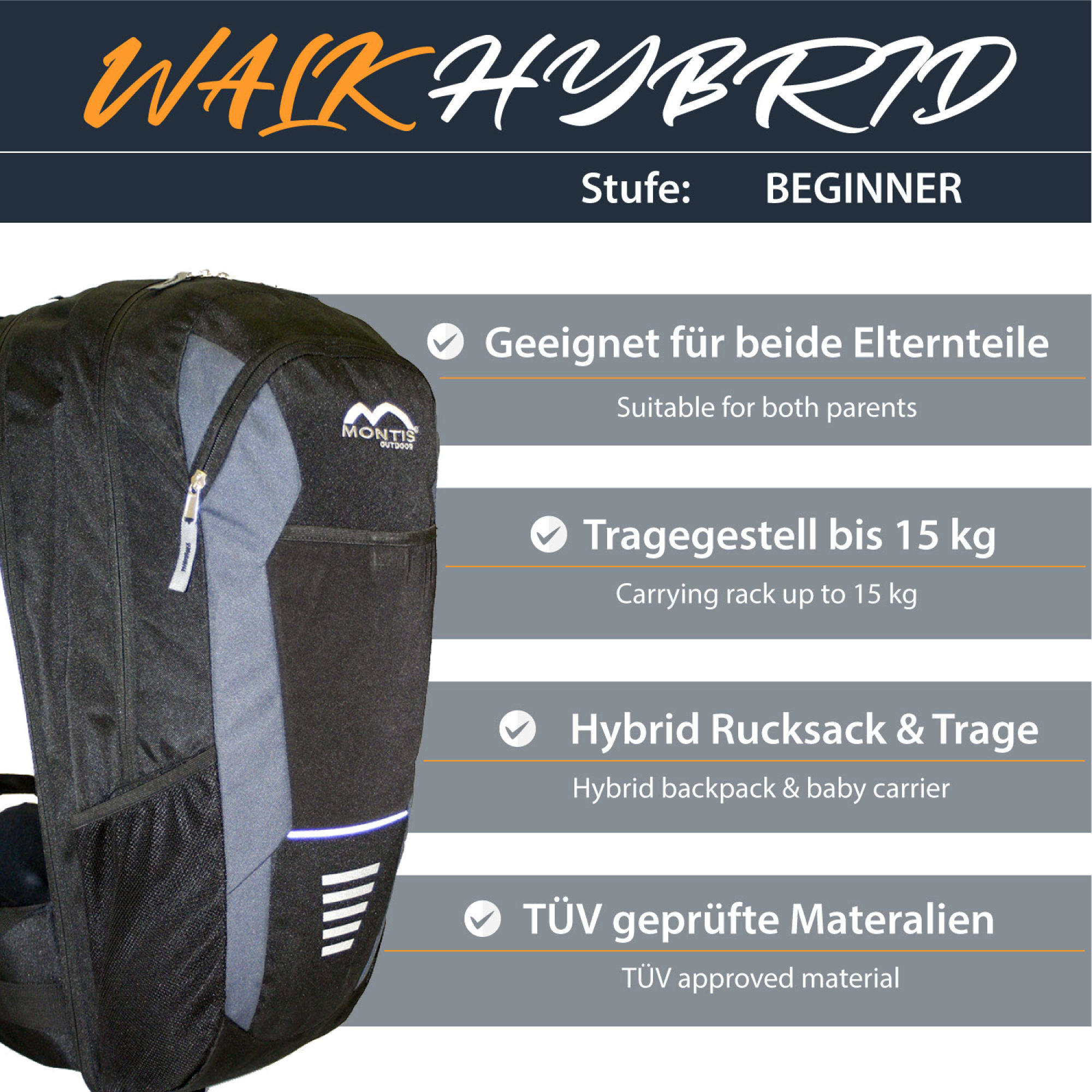 MONTIS WALK Rückentrage, Kindertrage, bis 15kg, schwarz