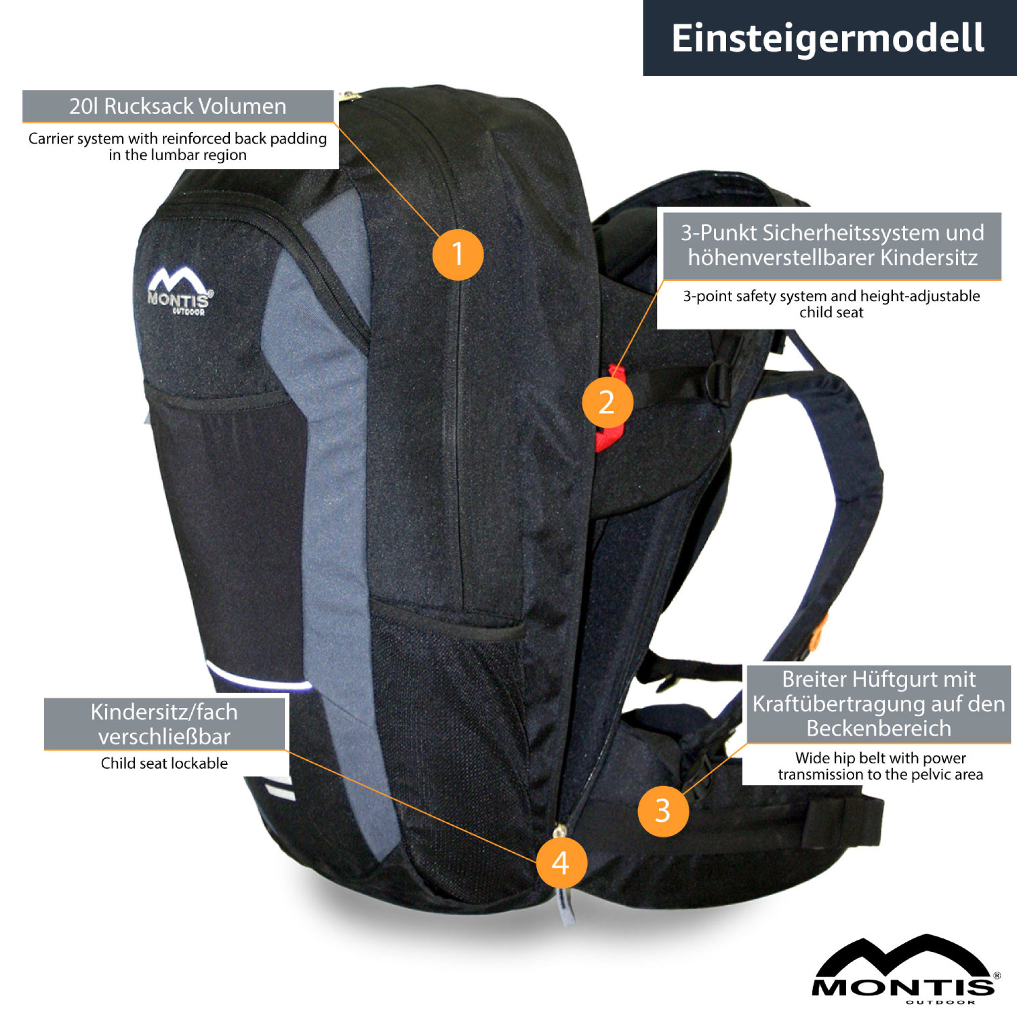 MONTIS WALK Rückentrage, Kindertrage, bis 15kg, schwarz