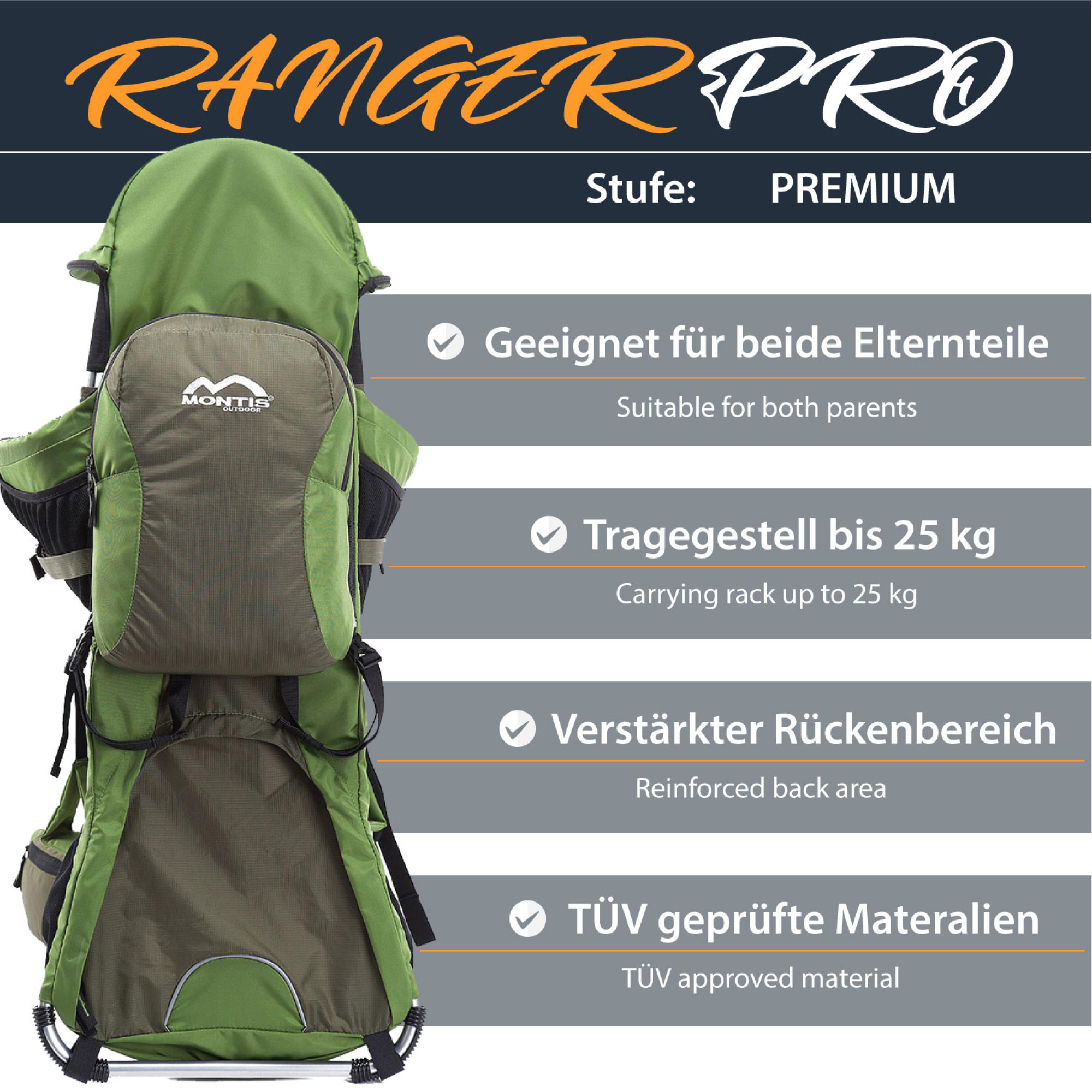 MONTIS RANGER PRO Rückentrage Premium, Kindertrage, bis 25kg, grün