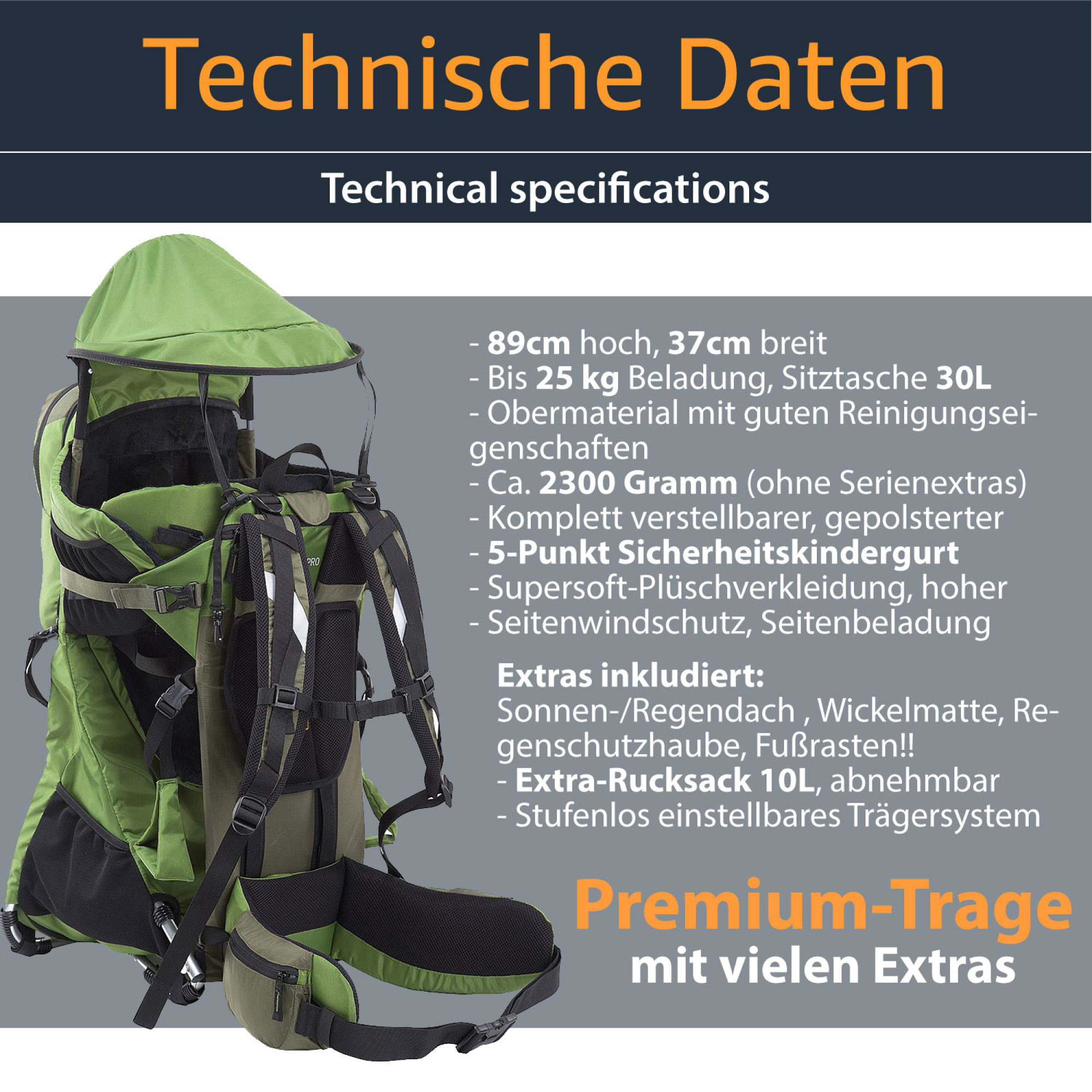 MONTIS RANGER PRO Rückentrage Premium, Kindertrage, bis 25kg, grün – Bild 3