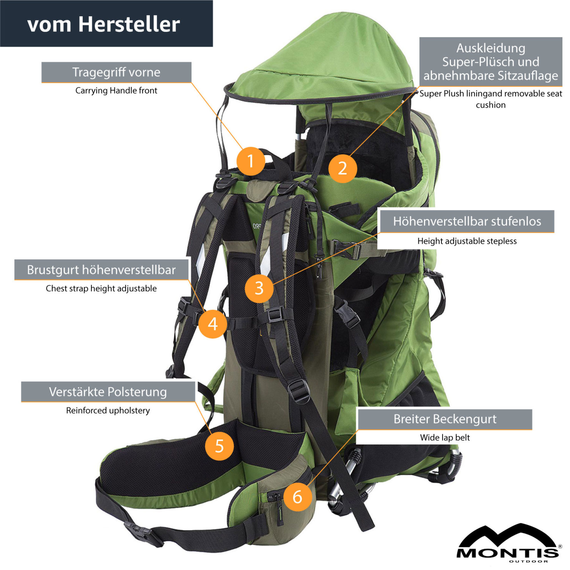 MONTIS RANGER PRO Rückentrage Premium, Kindertrage, bis 25kg, grün – Bild 5
