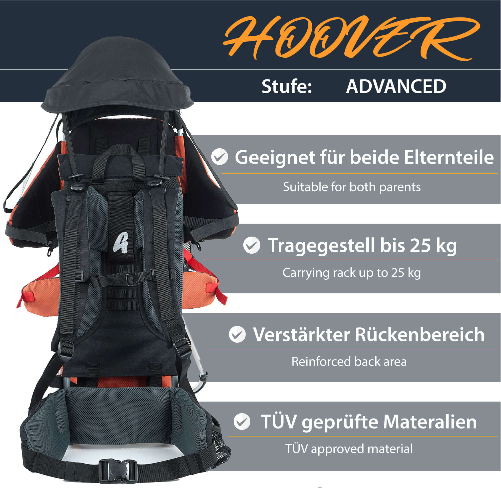 MONTIS HOOVER Premium Kindertrage, Rückentrage,  bis 25kg, orange