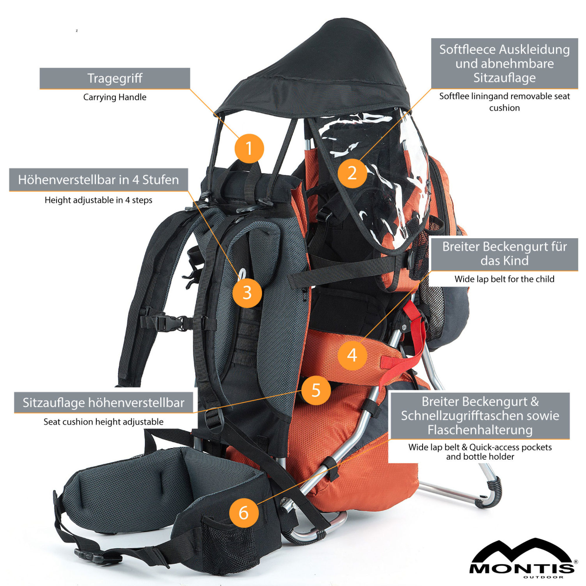 MONTIS HOOVER Premium Kindertrage, Rückentrage,  bis 25kg, orange – Bild 5