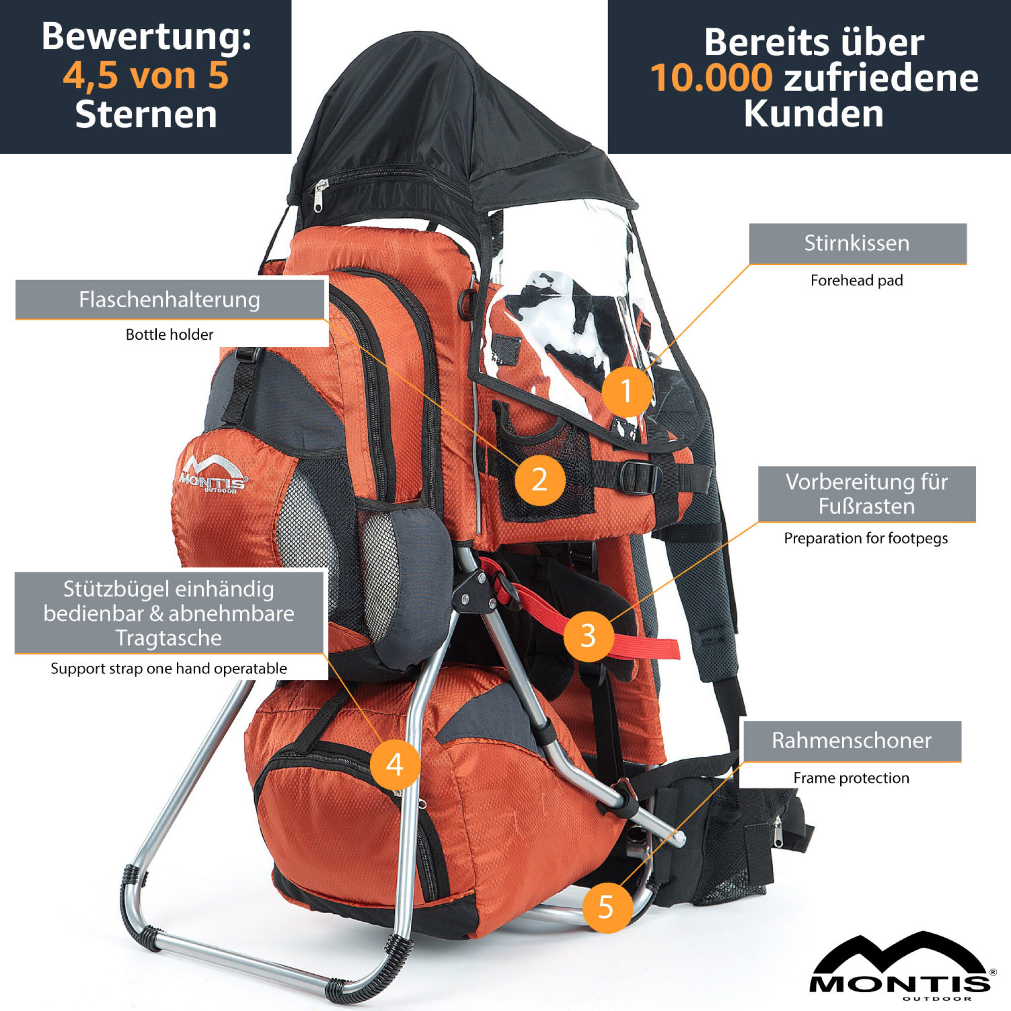 MONTIS HOOVER Premium Kindertrage, Rückentrage,  bis 25kg, orange