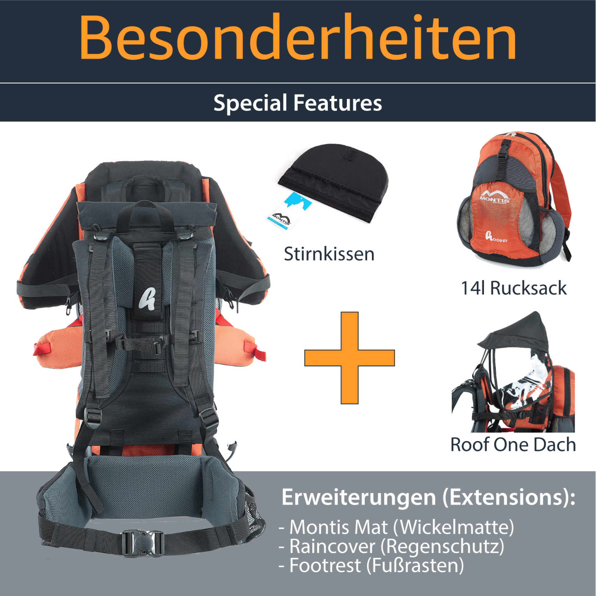 MONTIS HOOVER Premium Kindertrage, Rückentrage,  bis 25kg, orange