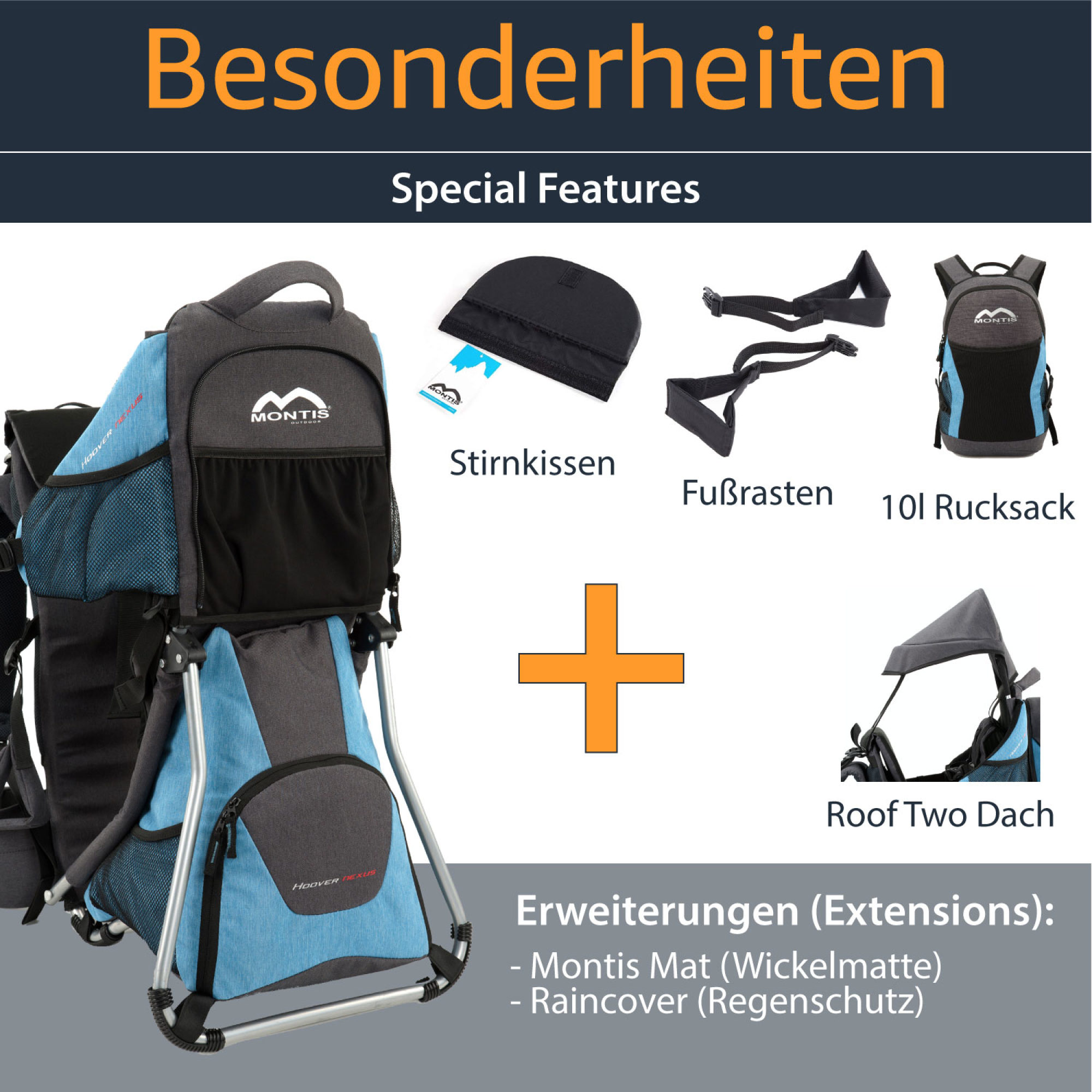MONTIS HOOVER NEXUS Kindertrage, Rückentrage, bis 25kg, blau – Bild 7