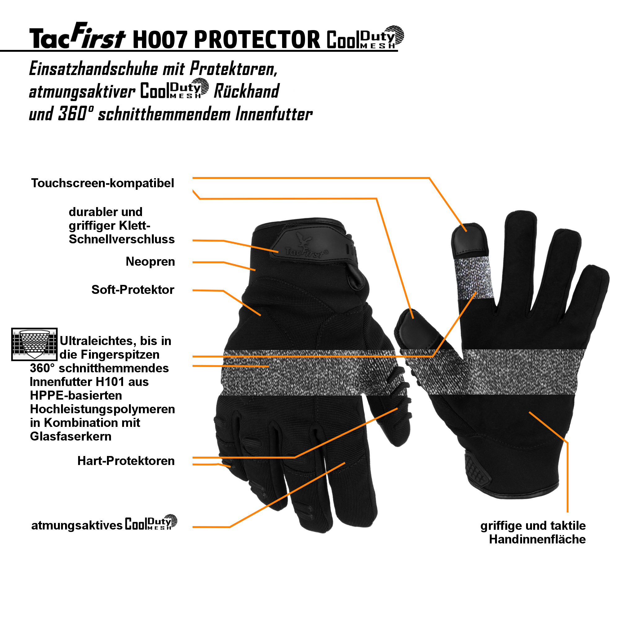 TacFirst® PROTECTOR Polizei Einsatzhandschuhe CoolDuty H007 360° schnitthemmend