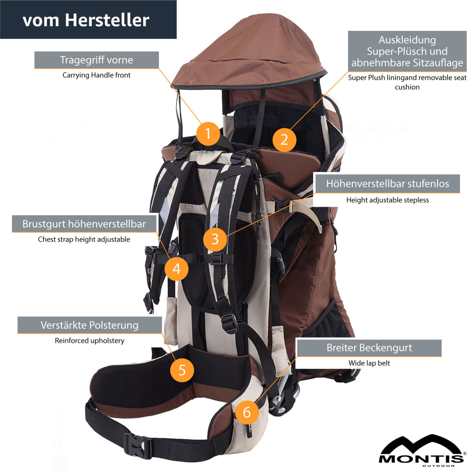 MONTIS RANGER PRO Rückentrage Premium, Kindertrage, bis 25kg, gelb – Bild 5