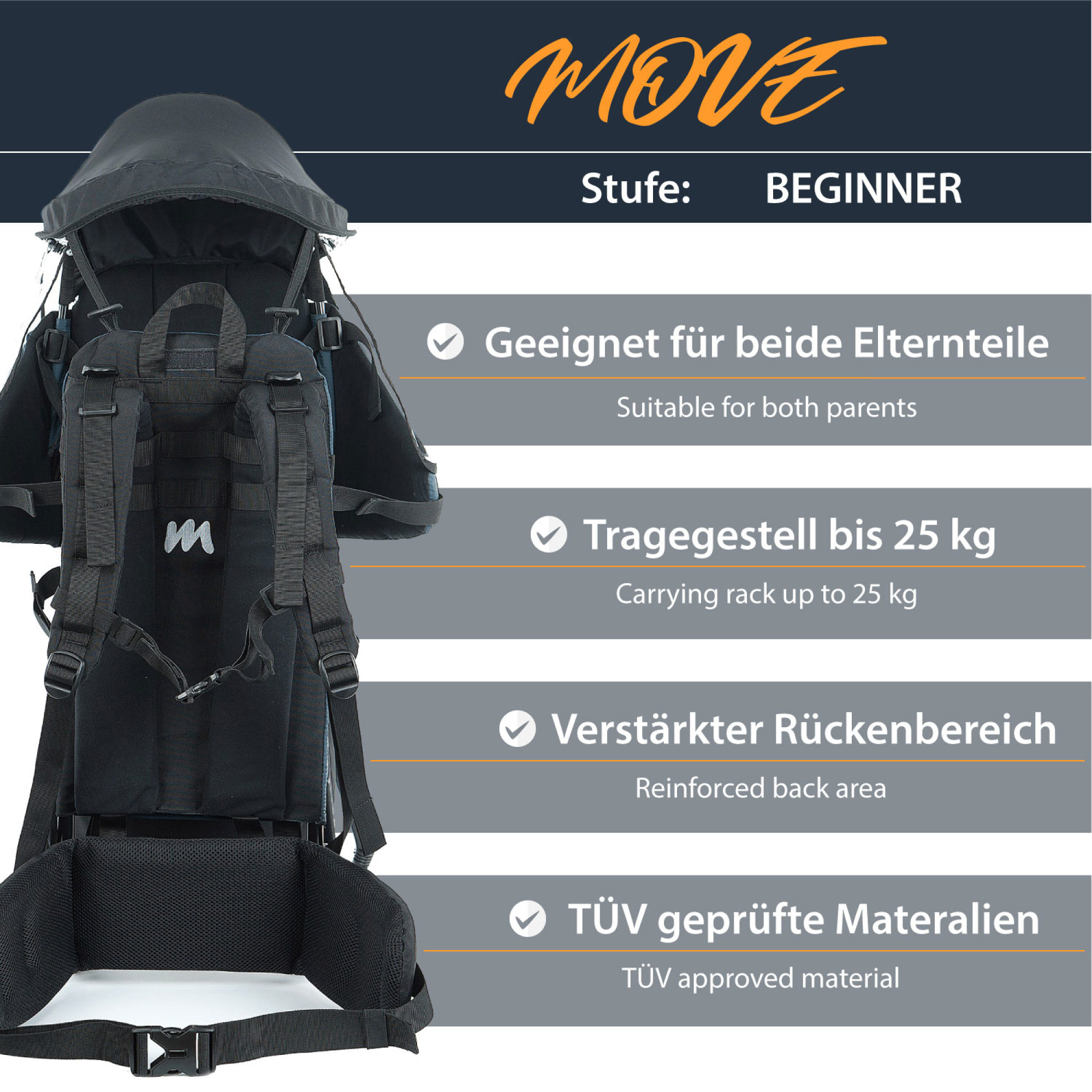 MONTIS MOVE Rückentrage Kindertrage, Navyblau, bis 25kg, ca. 2,2kg – Bild 2