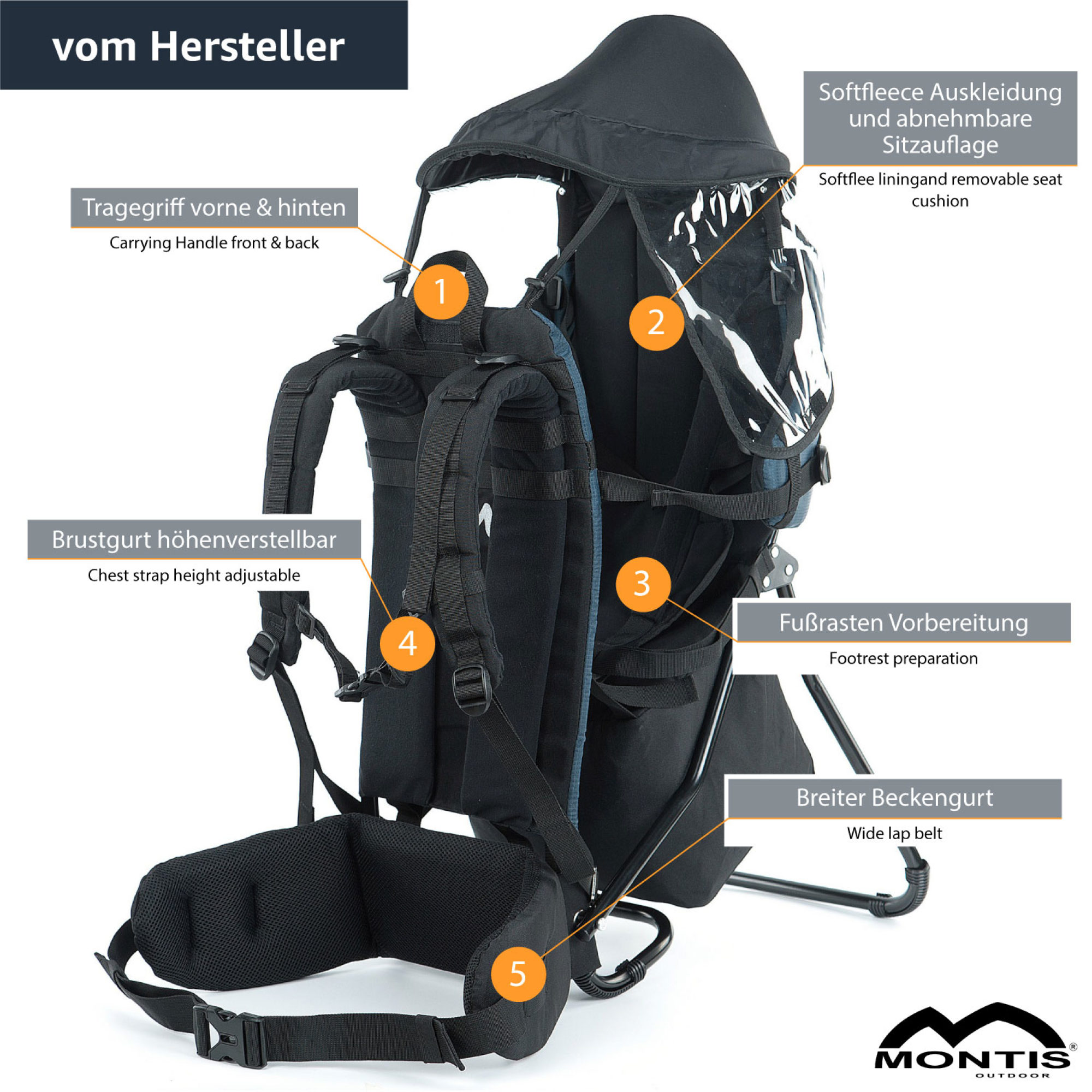 MONTIS MOVE Rückentrage Kindertrage, Navyblau, bis 25kg, ca. 2,2kg – Bild 5