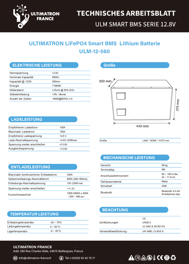 Ultimatron LiFePO4 12.8V 560Ah Lithium Batterie Smart BMS mit Bluetooth für Wohnmobil