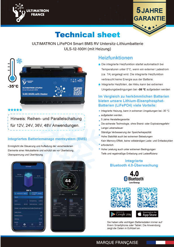 Ultimatron LiFePO4 Untersitz-12.8V-Heizung 100Ah Lithium Batterie Smart BMS mit Bluetooth Wohnmobil Untersitzbatterie mit Heizung