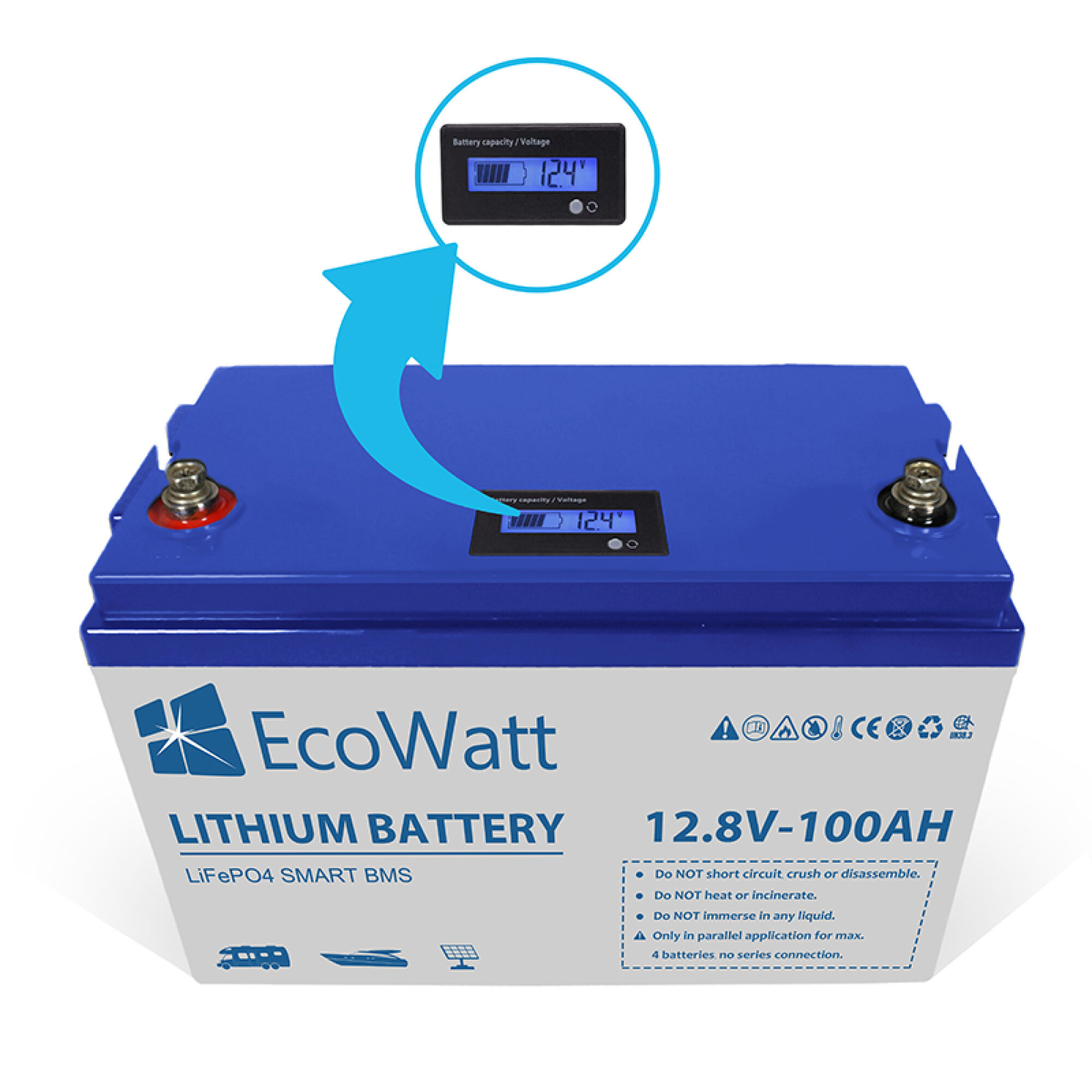 Ecowatt LiFePO4 12.8V 100Ah LED Lithium Batterie für Wohnmobil Boot Photovoltaik